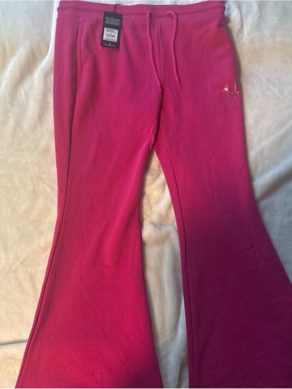 True Religion Pink Fleece Flared Joggers with Rhinestone Logo